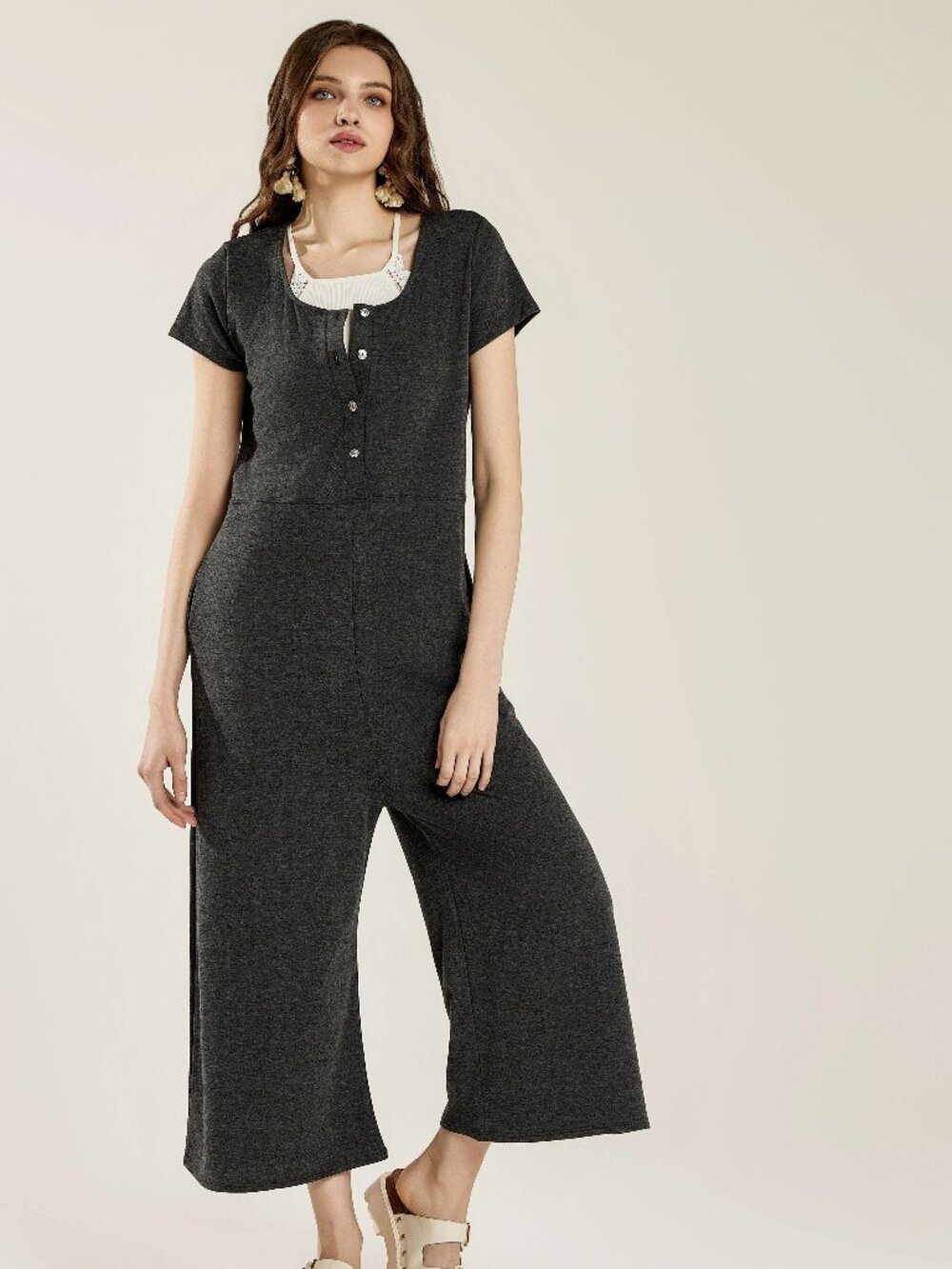 B53 French Terry Wide Leg Short Sleeve Pockets Jumpsuit Grey NEW